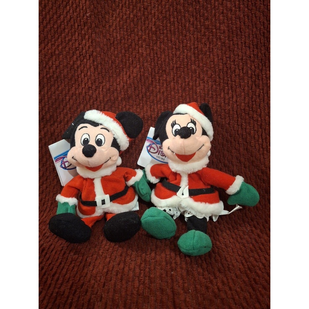 Disney Store Santa Mickey Minnie Mouse Mini Bean Bag Christmas Plush with Tags